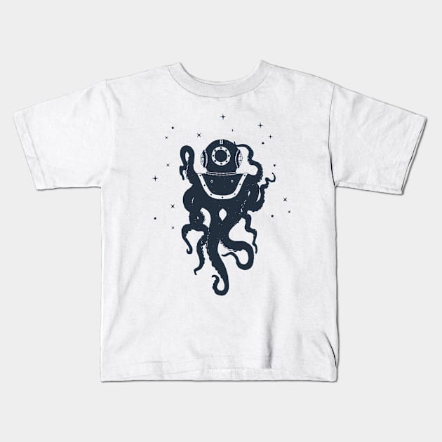 Creative Illustration With Octopus In Diving Helmet.  Adventure, And Nautical Kids T-Shirt by SlothAstronaut